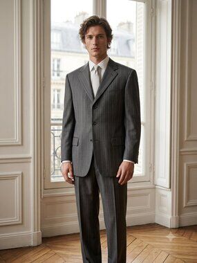 Milano Moda Men's Gray Pinstripe Blazer and Trousers Suit 46L/42x30